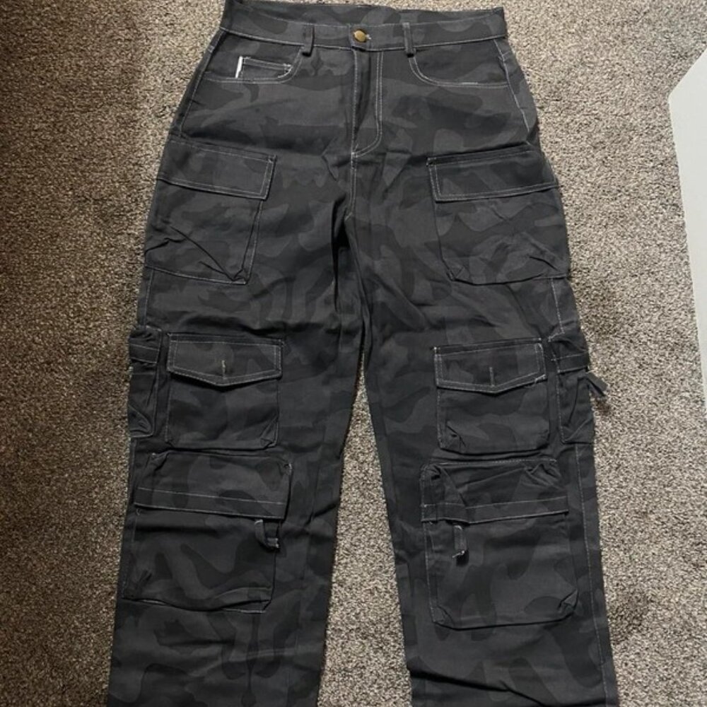 Grey camo cargo pants with multiple pockets